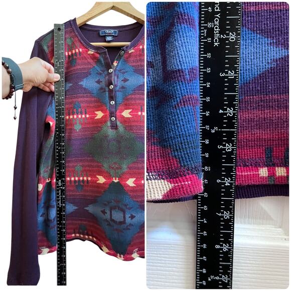 Chaps Denim Multicolor Aztec Southwest Print Waffle Long Sleeve Henley Top XL - Picture 6 of 9